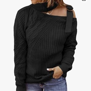 Long Sleeve Cold Shoulder Turtleneck Knit Sweater
